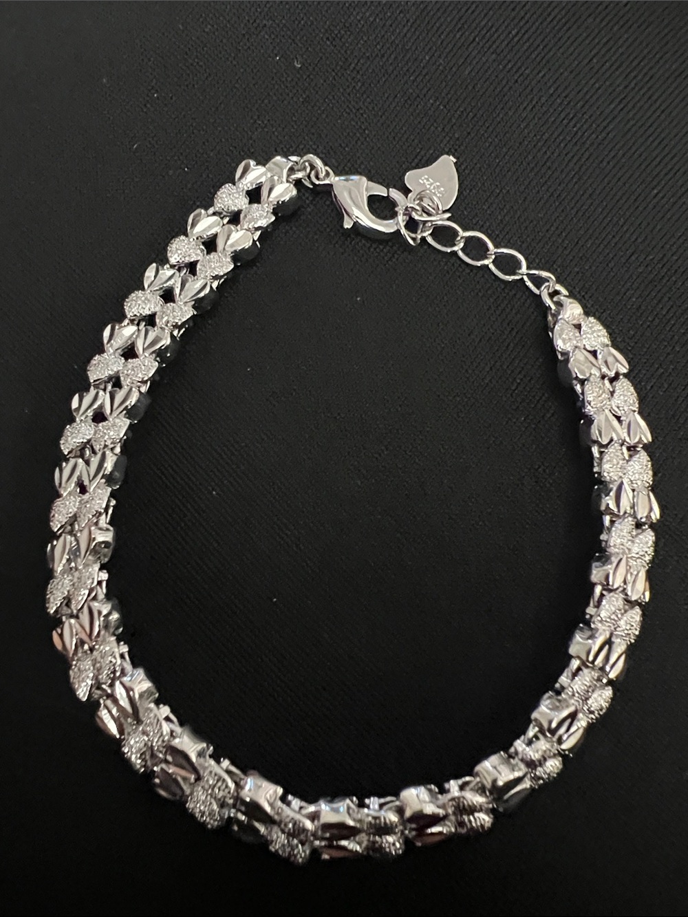 925 Sterling Silver heart Textured Link Bracelet -